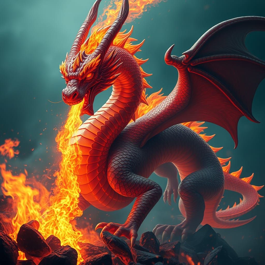 Majestic Fire Dragon Amidst Smoldering Embers