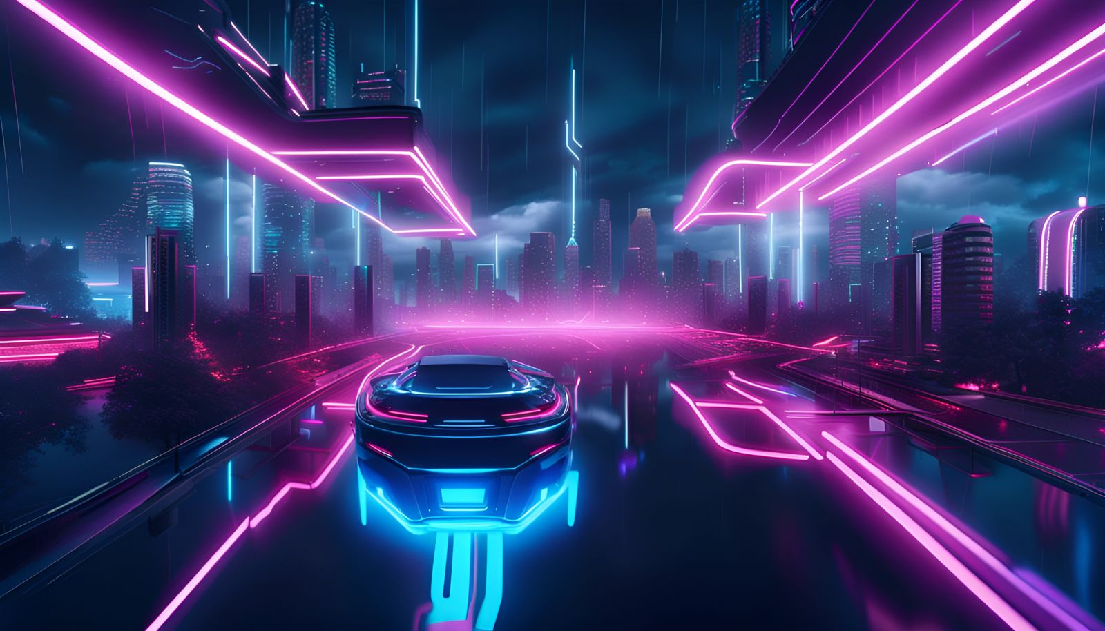 Futuristic Neon Cityscape in Thunderstorm