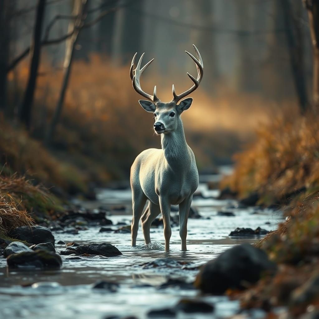 White Buck Deer in Stream: Cinematic Digital Painting