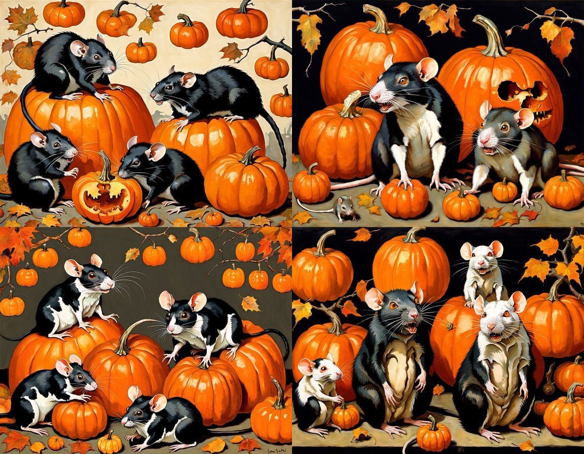 Ferocious Rats with Skulls and Pumpkins in Autumn