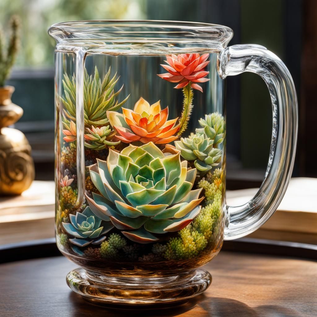 Succulent Terrarium in Glass Mug: Watercolor Art