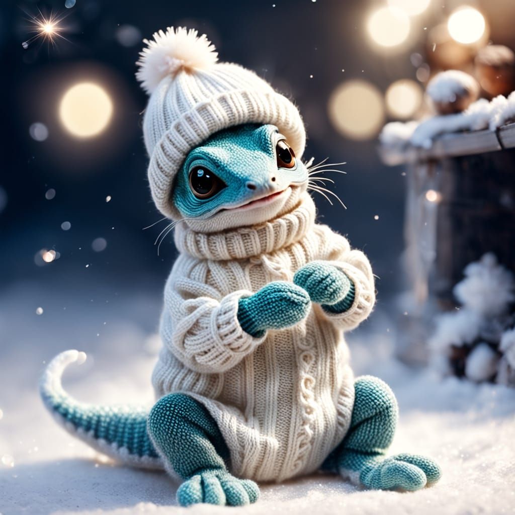 Cute Baby Lizard in Cozy Winter Outfit