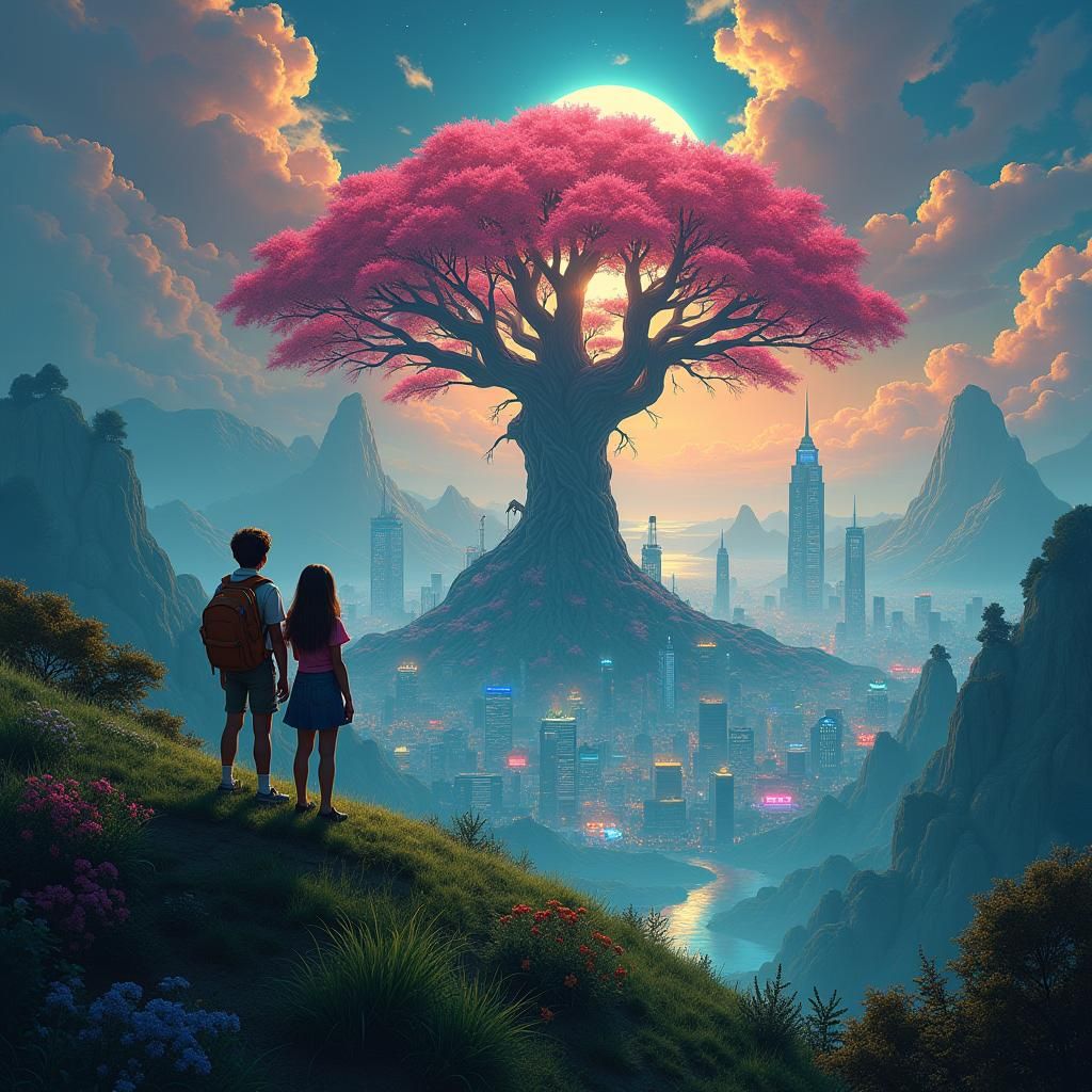 Neon Cityscape with Emerald Hillside in 8k Matte Painting