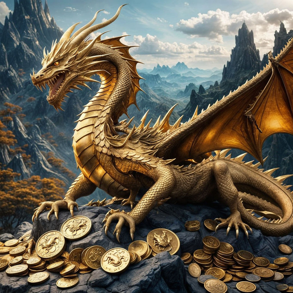 Beautiful Gold dragon sits on a mountain of coins and treasures