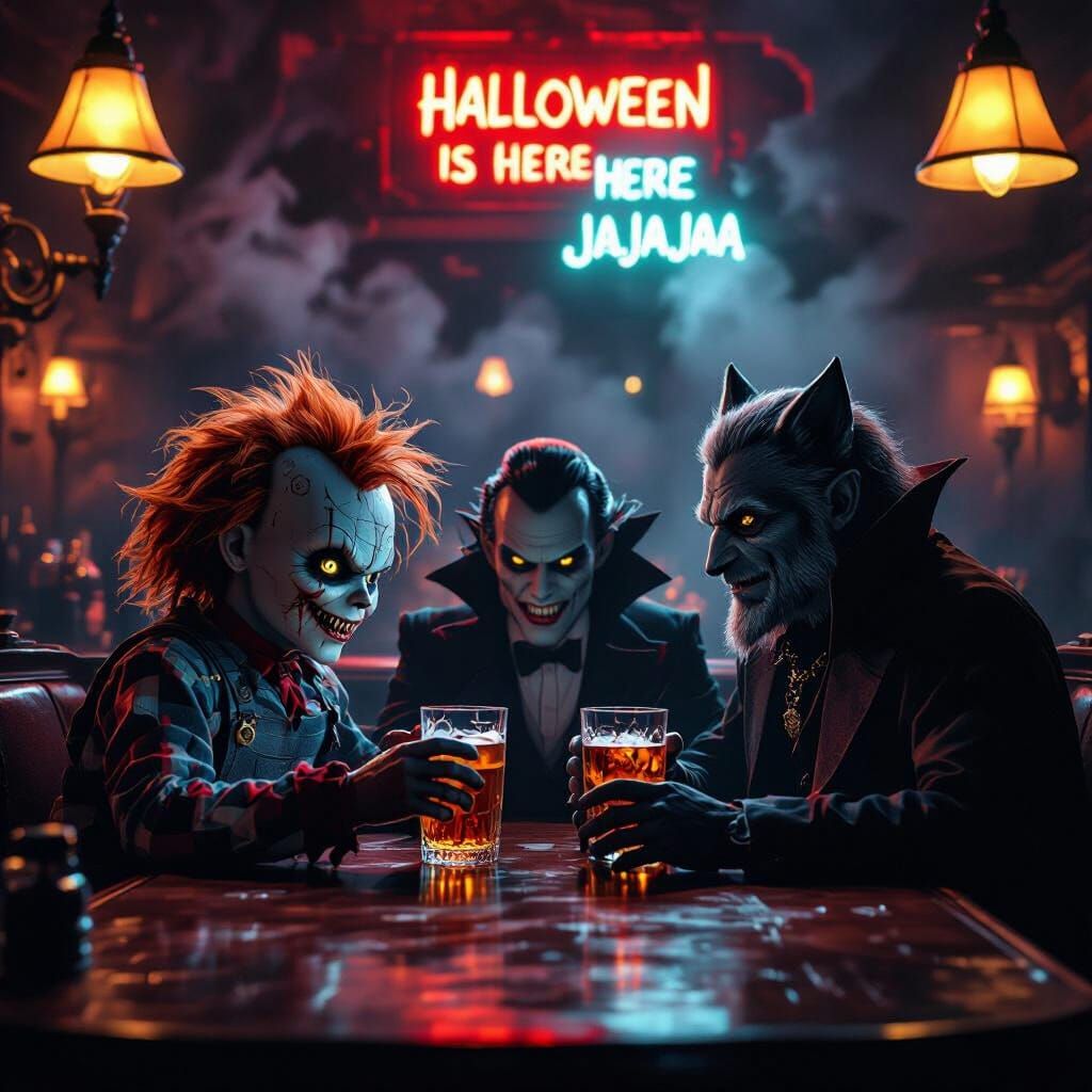 Monsters Gather at a Dimly Lit Bar for Halloween