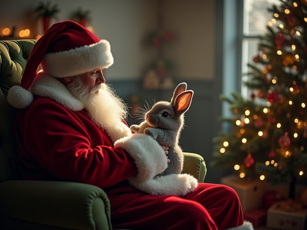 Santa Claus Holding Rabbit by Christmas Tree