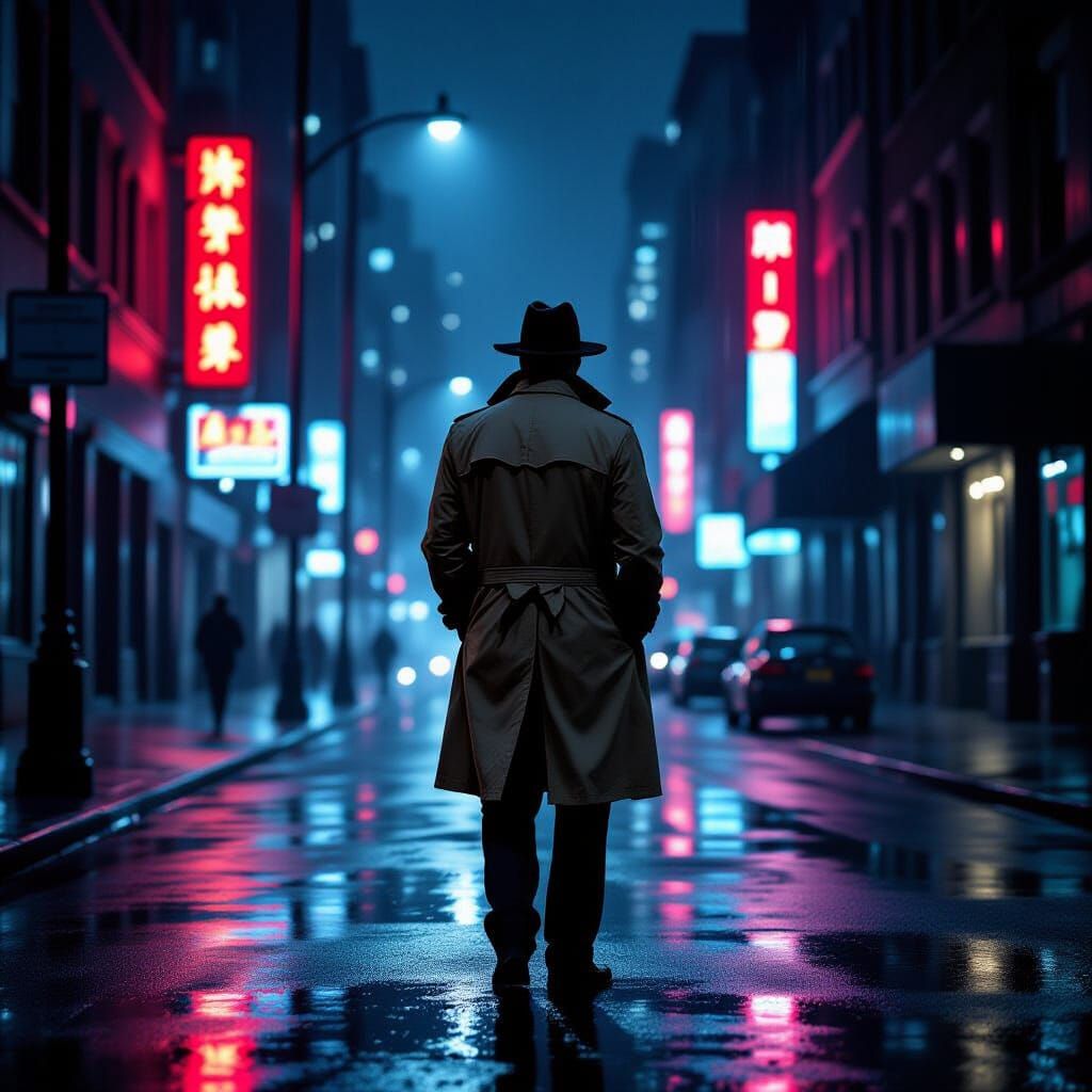 Detective in Neon-Lit City Street at Midnight
