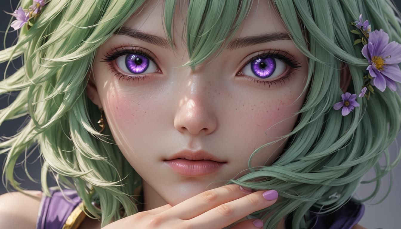 Anime Style Portrait of a Woman with Green Hair