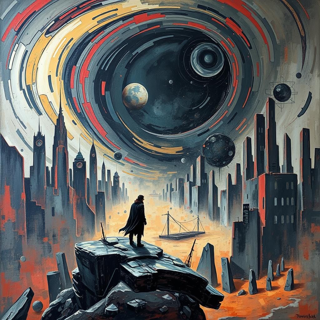 Futuristic Figure in Apocalyptic Impasto Landscape
