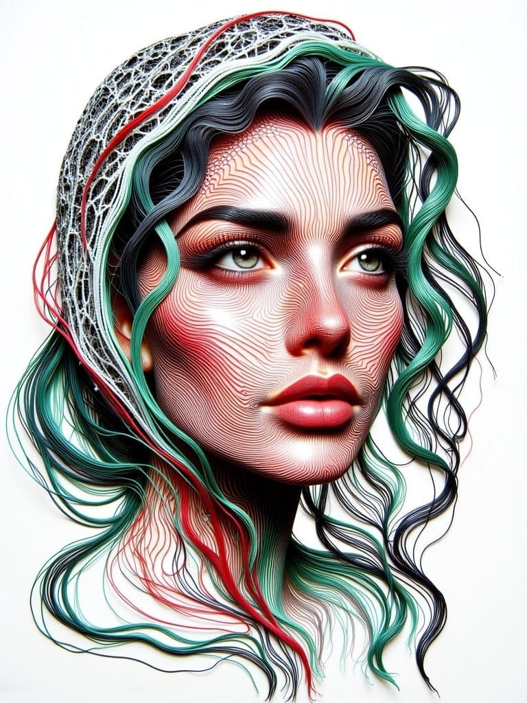 Intricate String Art Portrait of Palestinian Woman