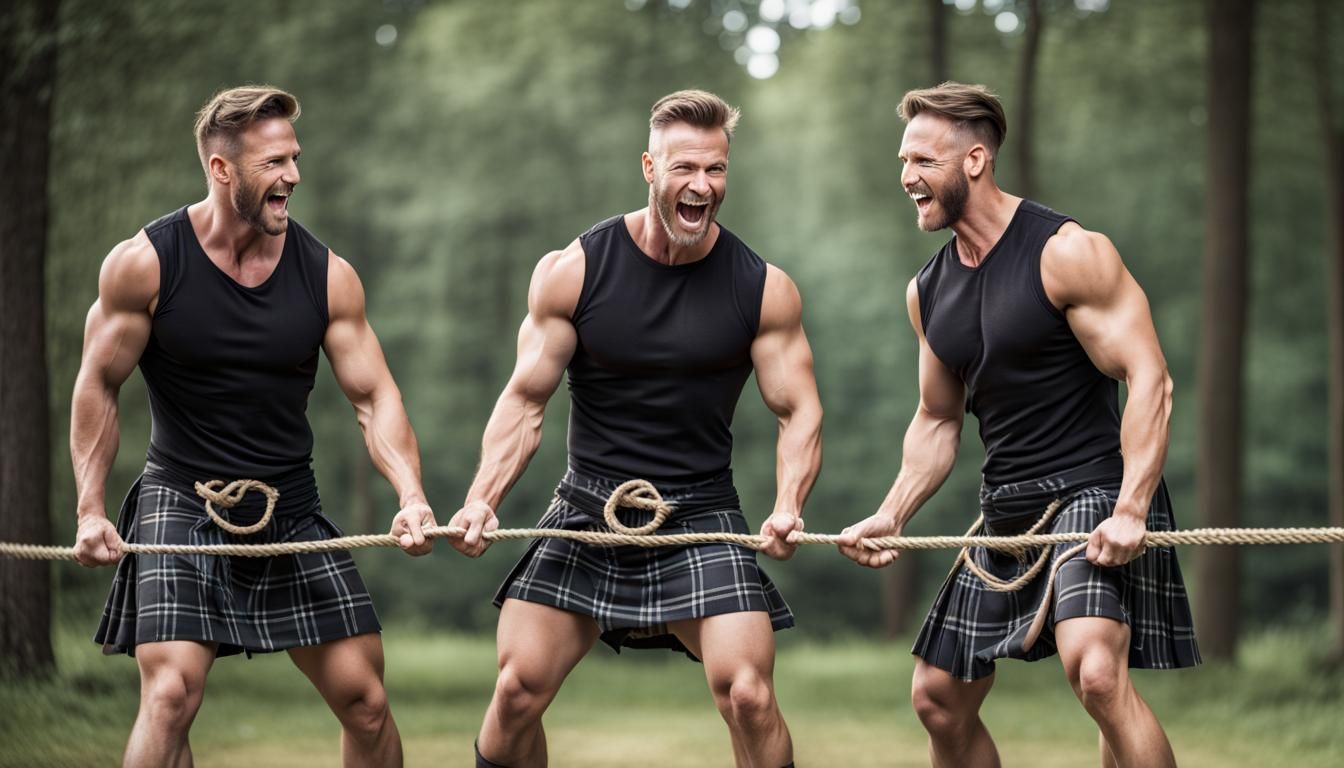 Men in Kilts Play Spirited Tug-of-War