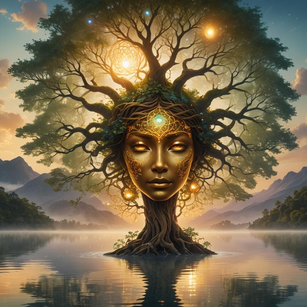 Glowing Tree of Life with Goddess, Fantasy Art