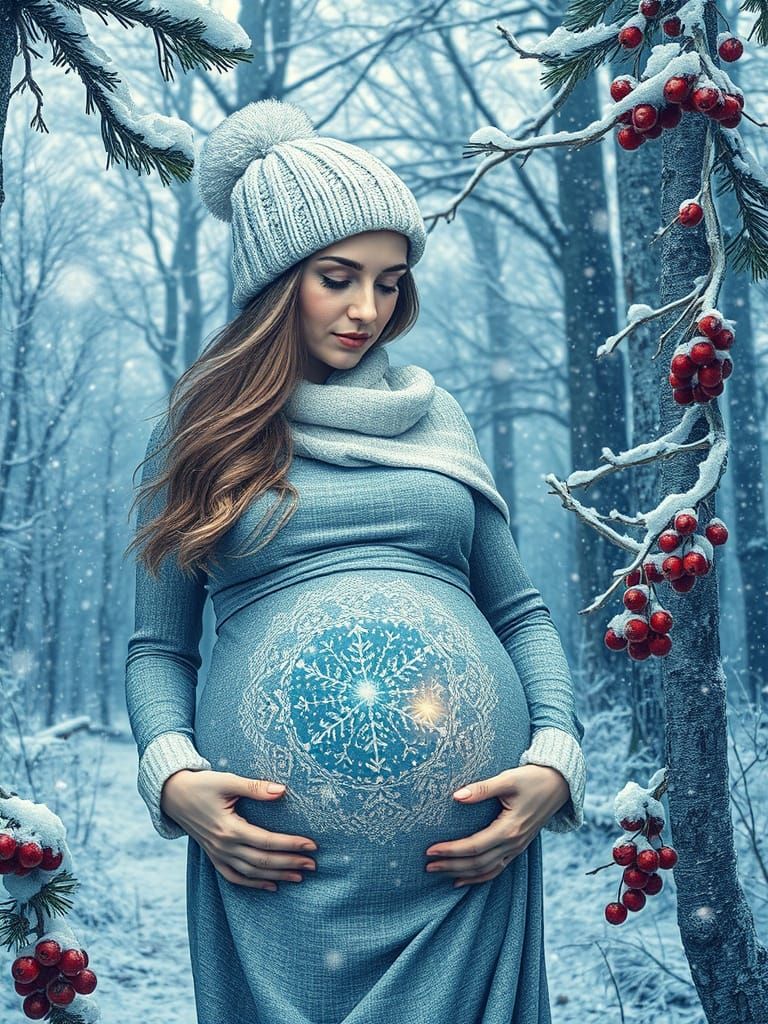Pregnant Woman in Winter Forest, Anime Art