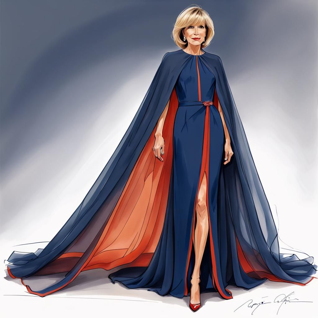 Haute Couture Chiffon Gown Sketch in Blue and Orange