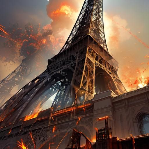 Robot Destroys Eiffel Tower in Hyperrealistic Digital Art