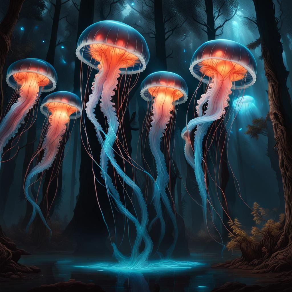 Bioluminescent Jellyfish in Forest, Hyperrealistic Concept A...