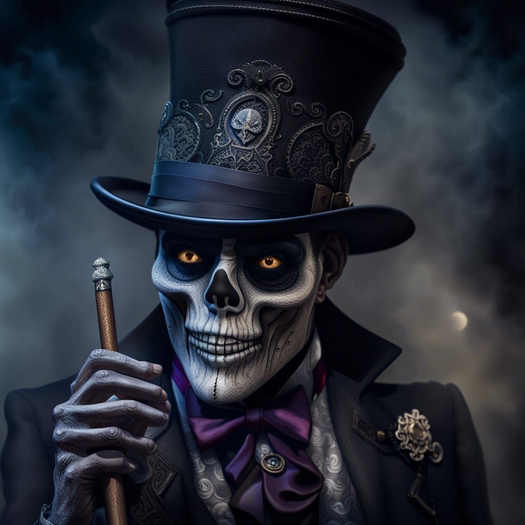 Hyperrealistic Baron Samedi in Graveyard Setting