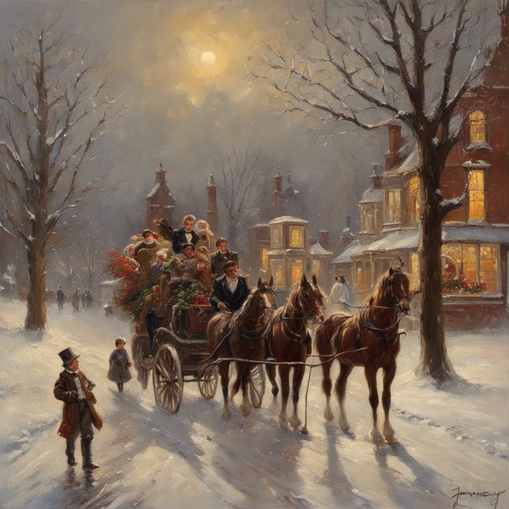 Victorian Christmas Scene in Oil Painting Style