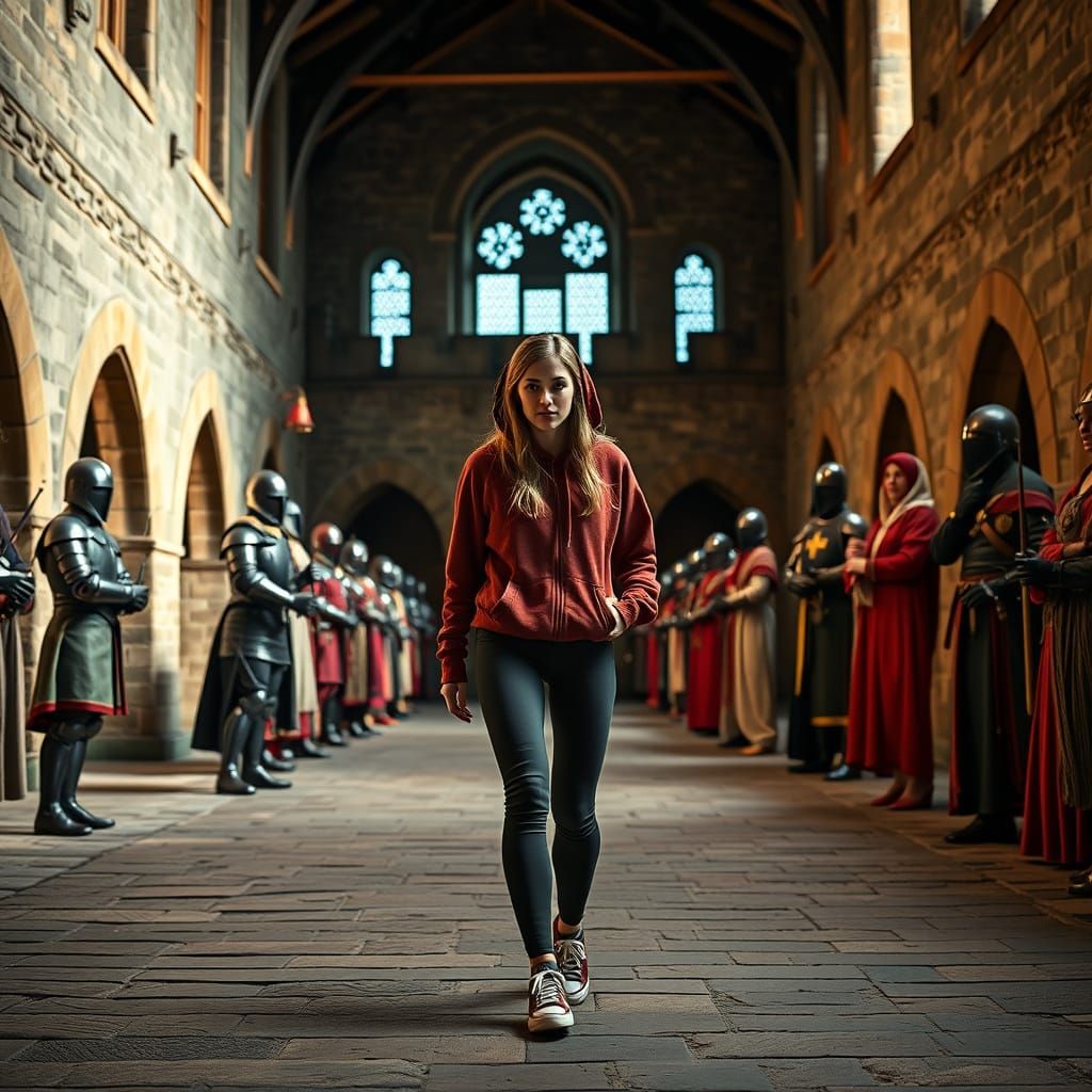 Woman in Modern Clothes in Medieval Castle