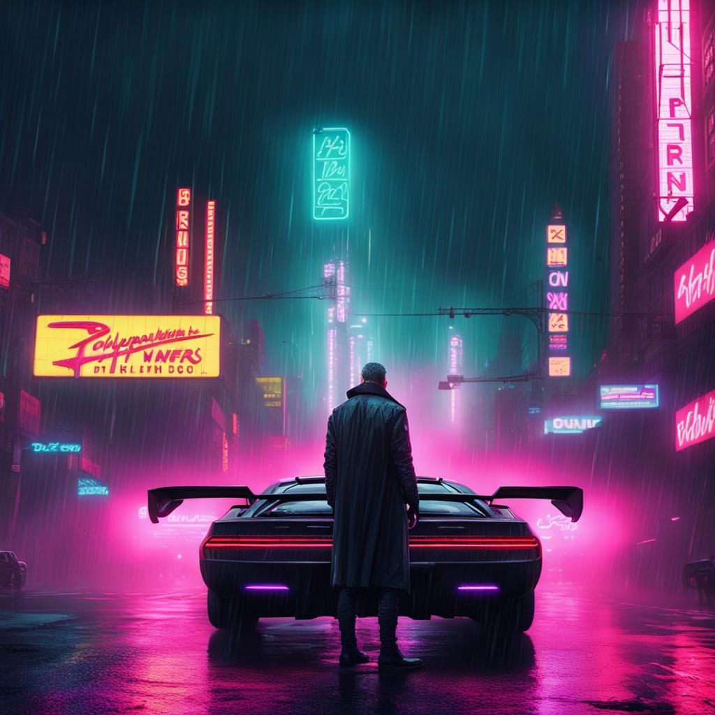 Man standing behind his car in rain
