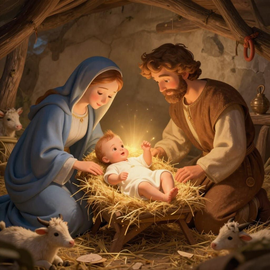 Nativity Scene: Baby Jesus, Mary, and Joseph in Golden Glow