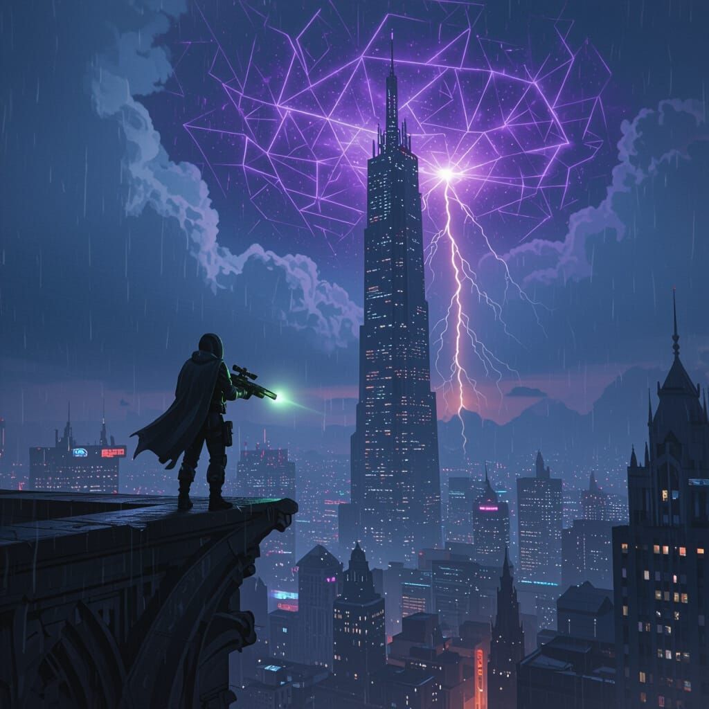 Futuristic Operator on Gargoyle Under Cracked Light Barrier