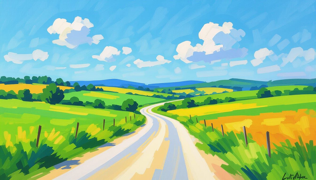 Sunny Country Road in Impressionist Style