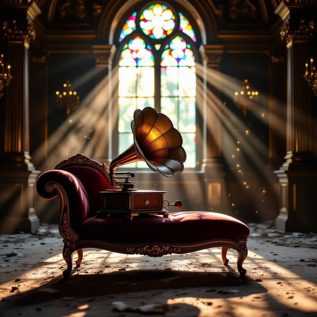 Weathered Gramophone on Chaise Lounge in Decaying Ballroom