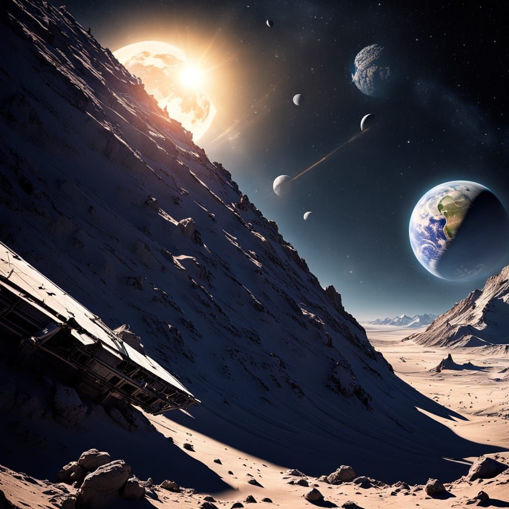 Space In the foreground is the surface of the Moon from which the planet Earth is visible, behind which the Sun rises.