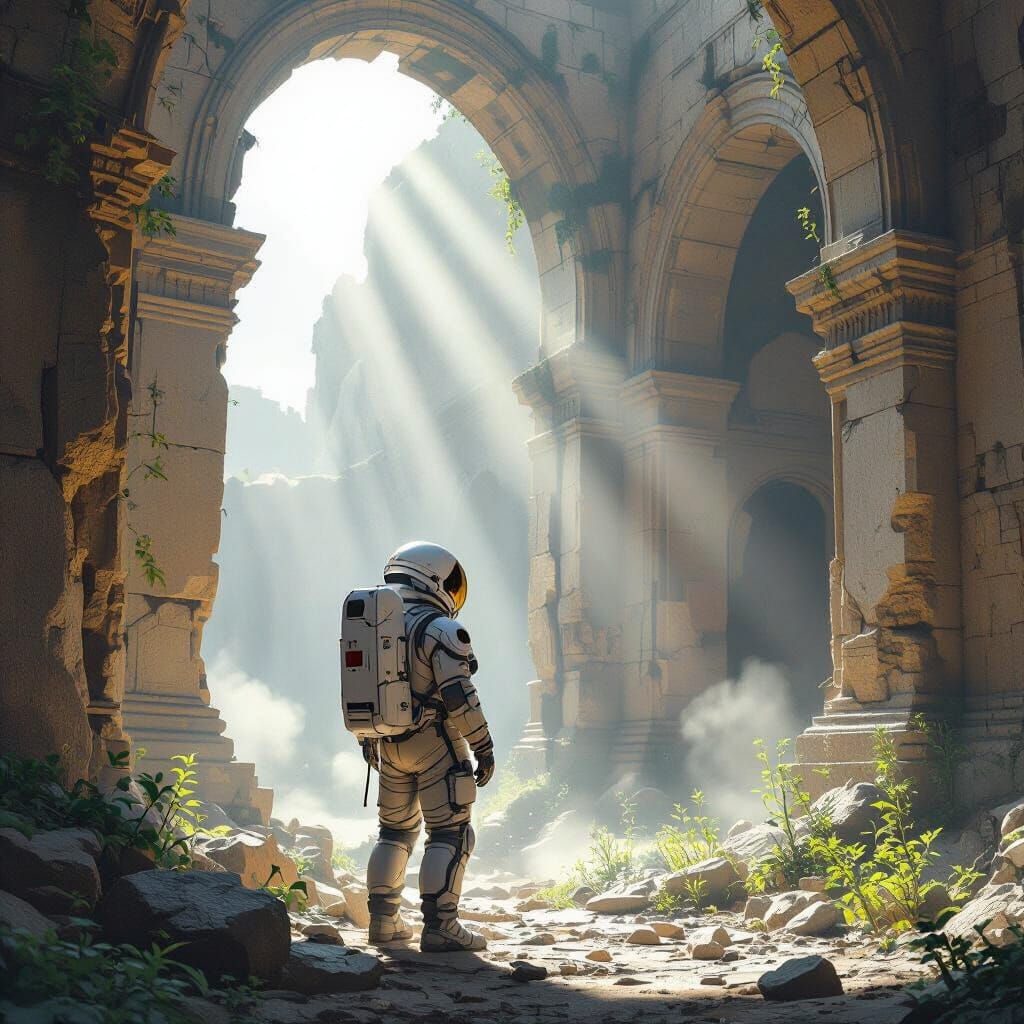 Astronaut Explores Ancient City Ruins