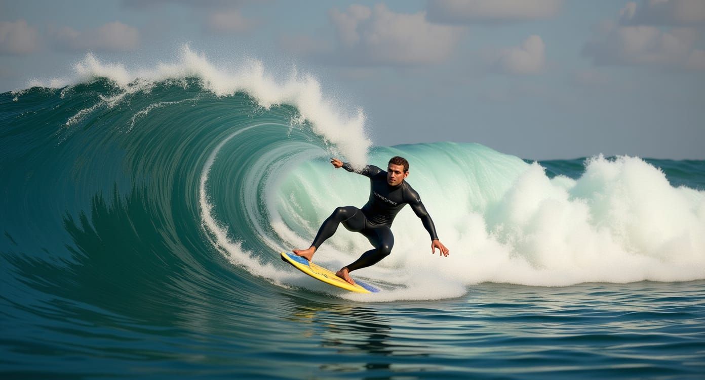 Surfer Catches a Wave in Hyperrealistic Style