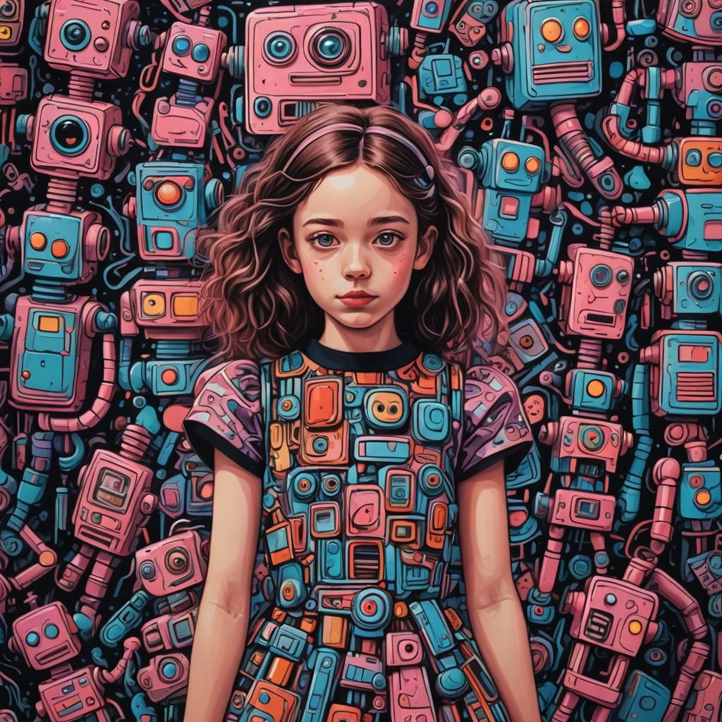 Girl with Robot Doll in Jean Dubuffet Style