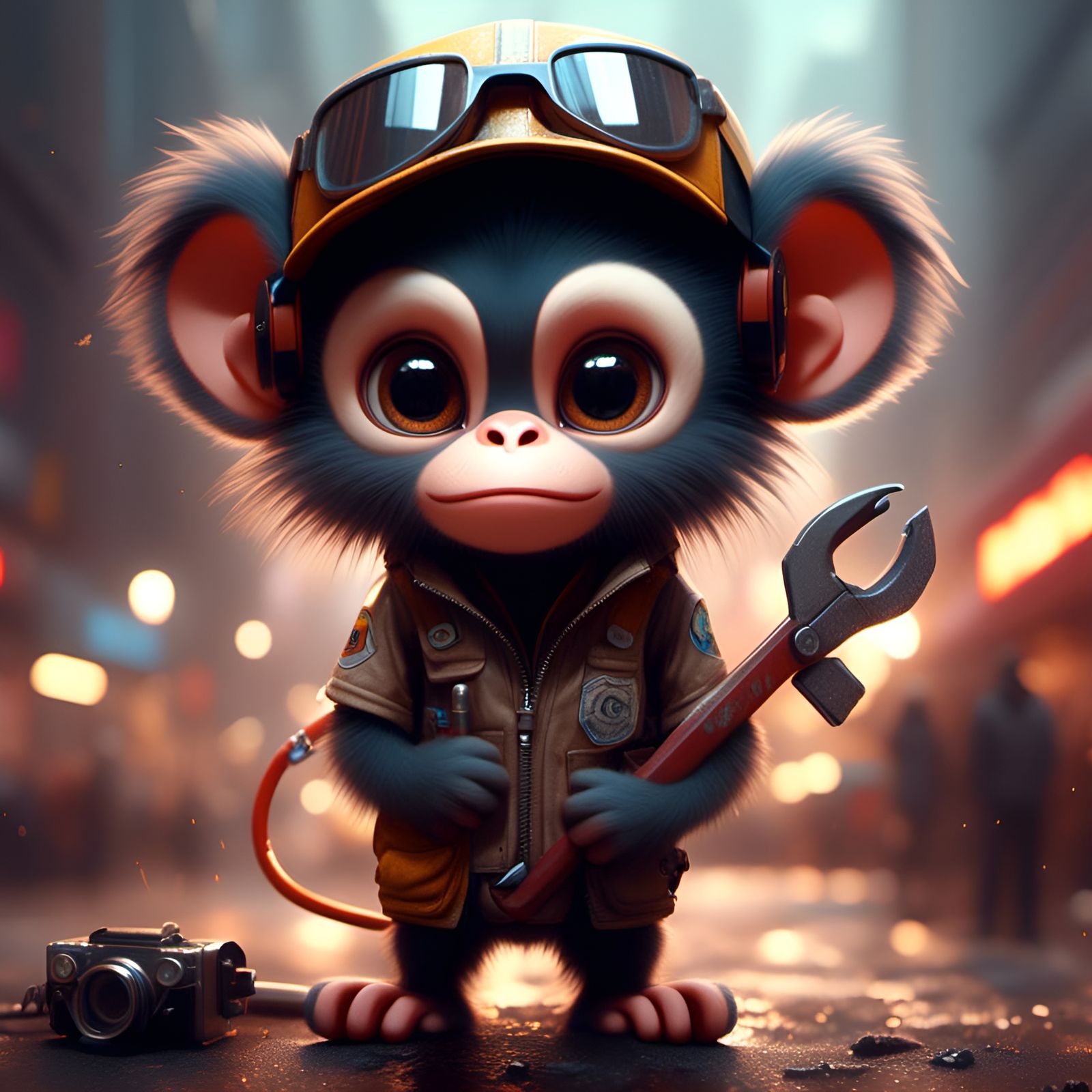 Chibi Monkey Mechanic with Wrench in Detailed 3D Style