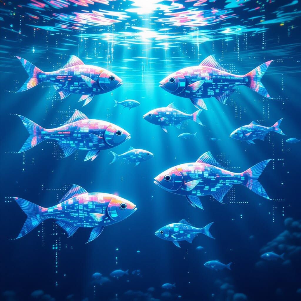Glitchcore Holographic Data Stream Fish