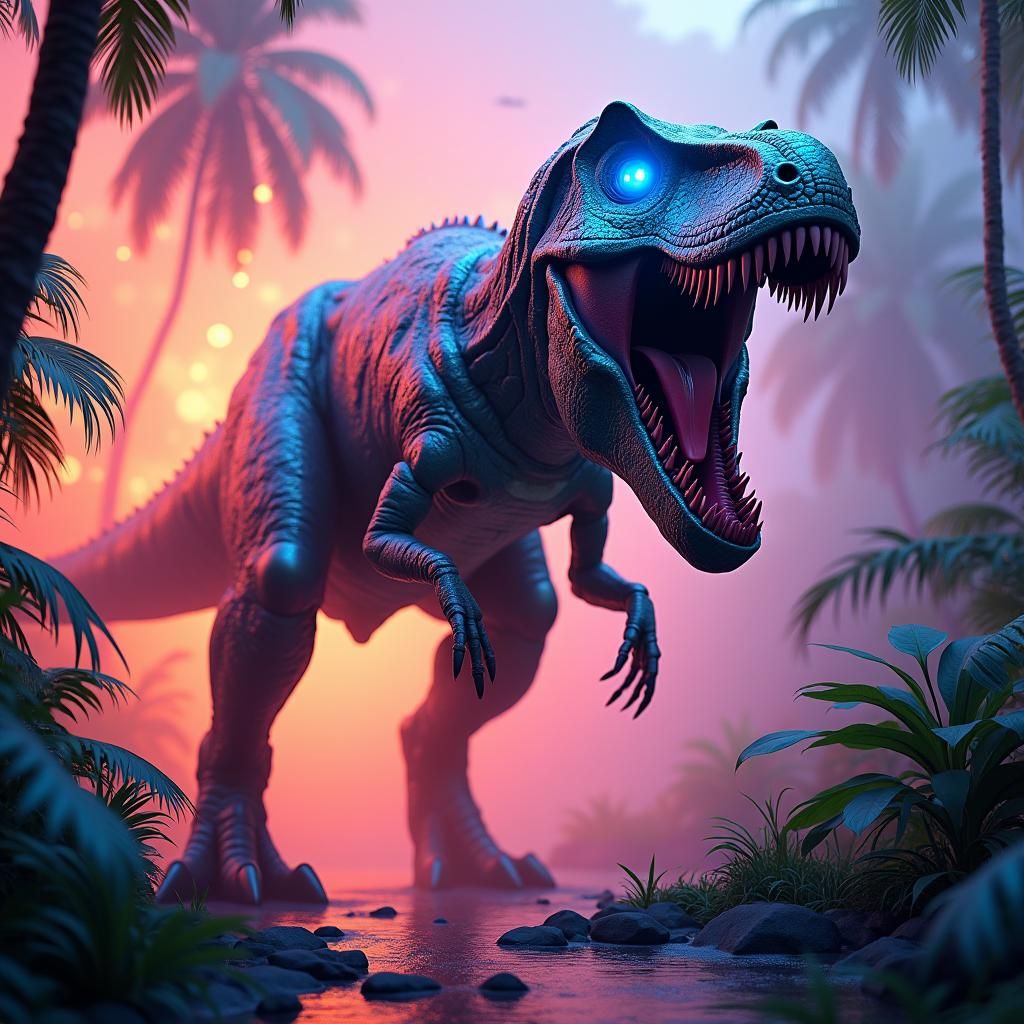 Mech-Tyrannosaurus Rex Emerges from Neon Jungle