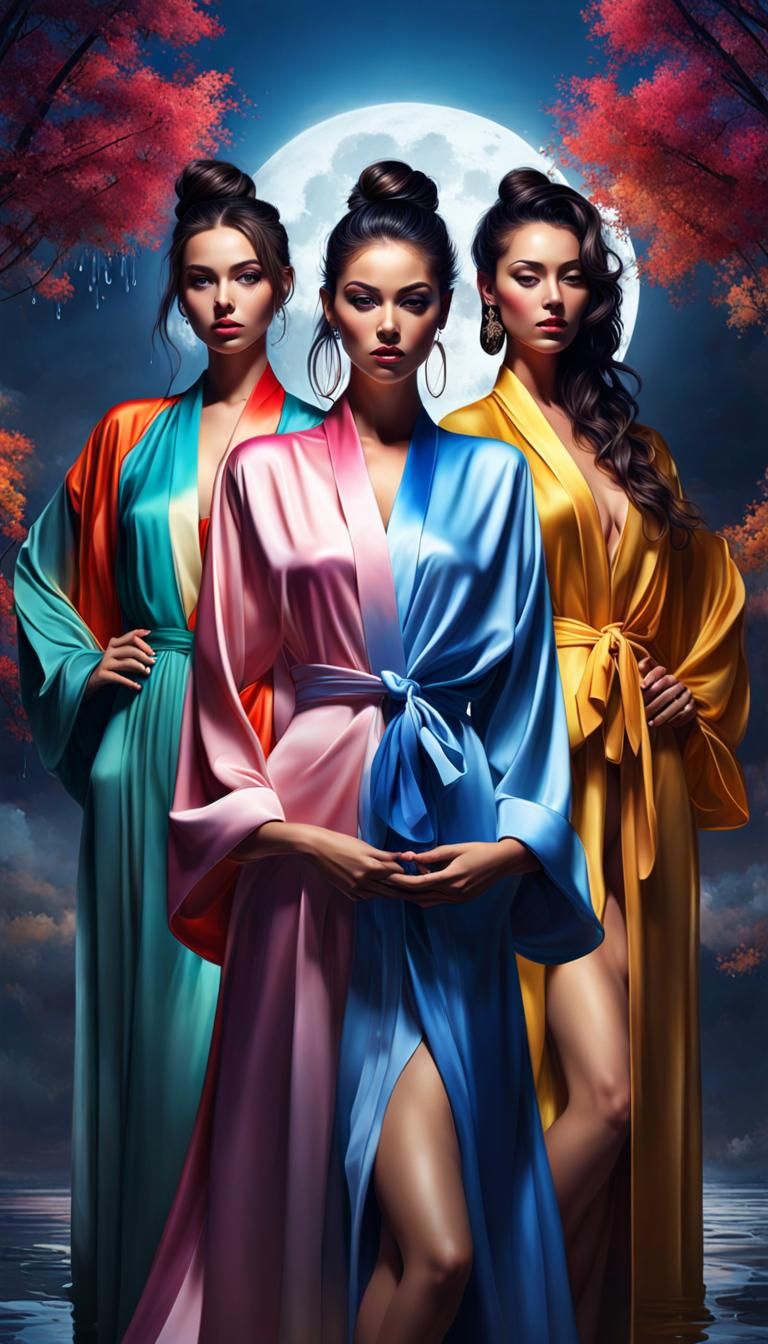 Beautiful Women in Robes with Paint Clouds, Photorealistic