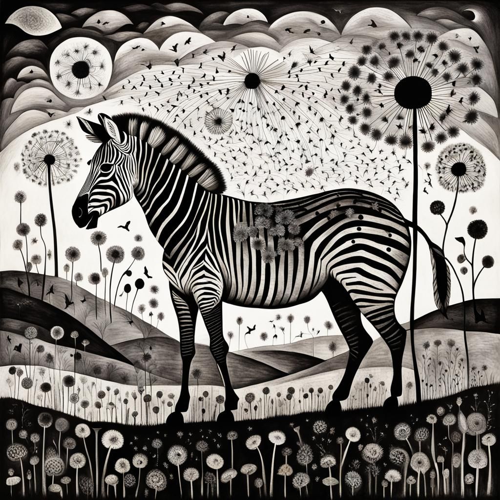 Winged Zebra in Dandelion Dreamscape, Surreal Art