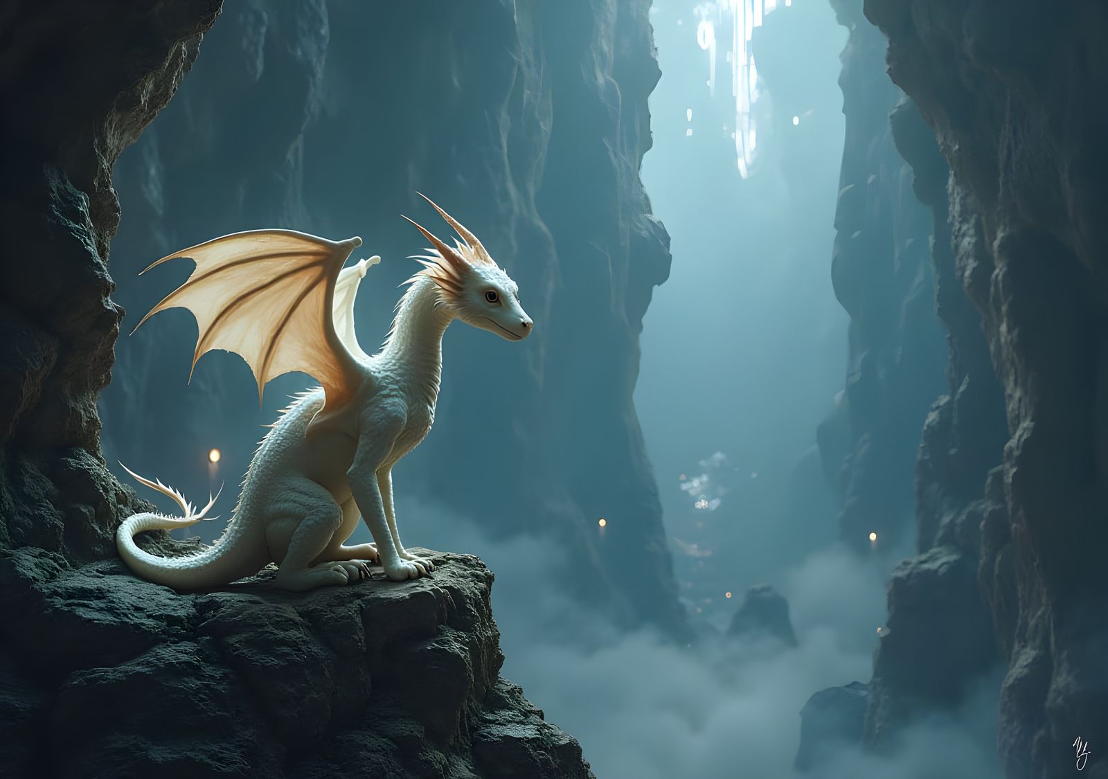 Young White Dragon in Dark Cavern