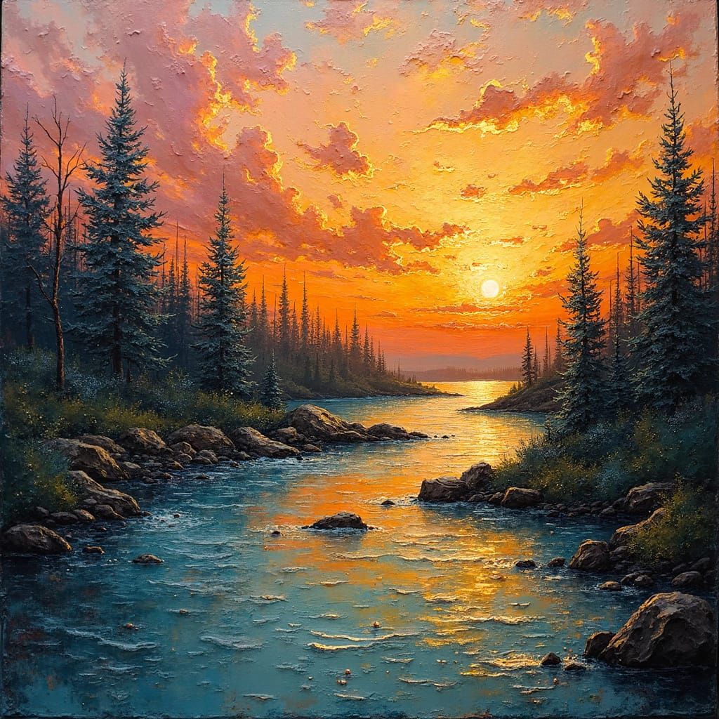 Golden River Sunset: Impasto Oil Painting