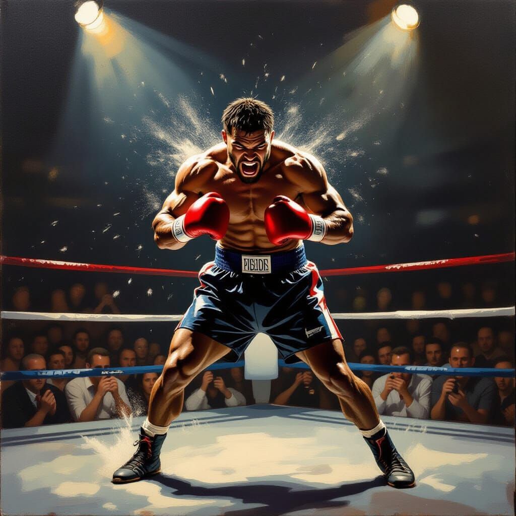 Intense Boxer Mid-Punch in Dramatic Chiaroscuro Oil Painting