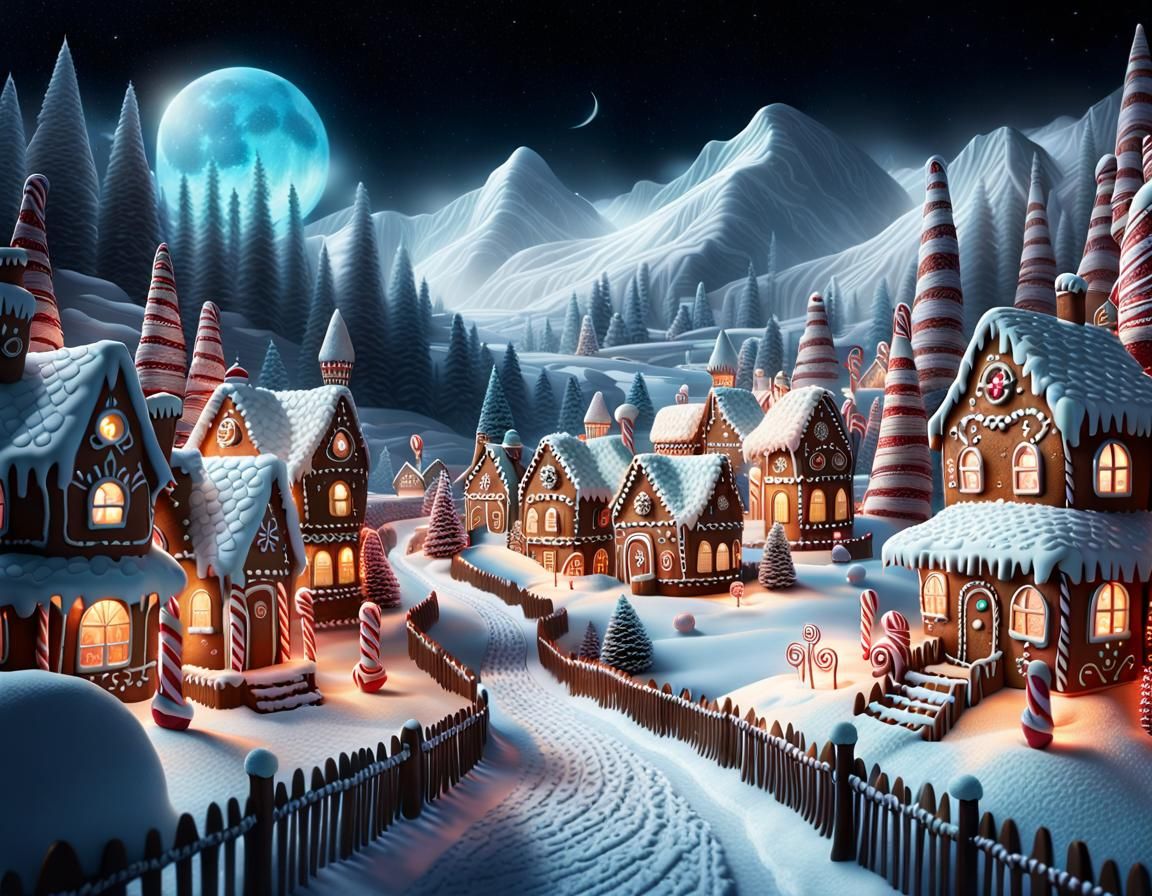 A gingerbread village nestled in a frosting-covered valley, with licorice fences and gumdrop streetlights lighting up th...