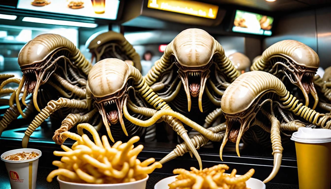 Xenomorph swarm eating facehuggers at McDonald's