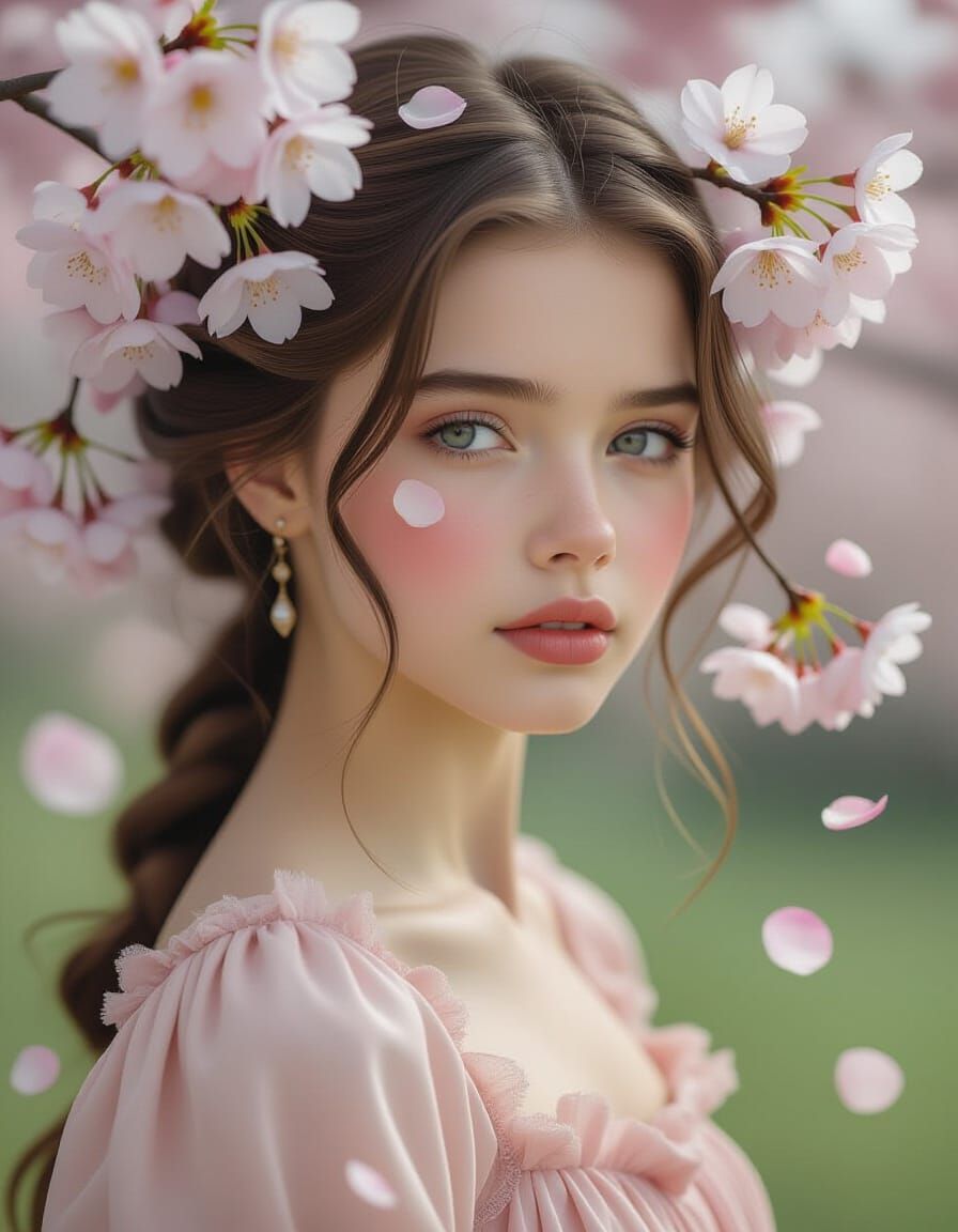 Girl with Cherry Blossoms in Hair: Digital Painting