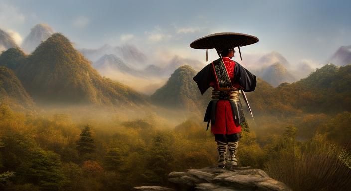 Dreaming Samurai Warrior in Japanese Landscape: Photorealism