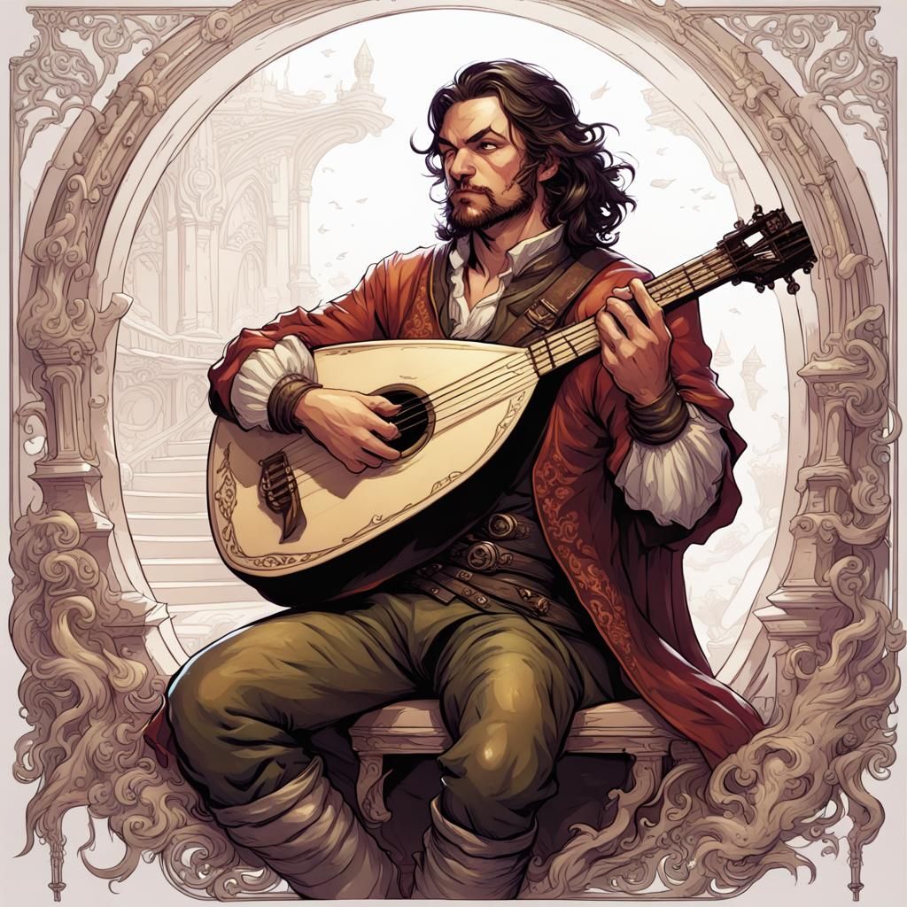 Bard with Lute in Comic Book Art Style