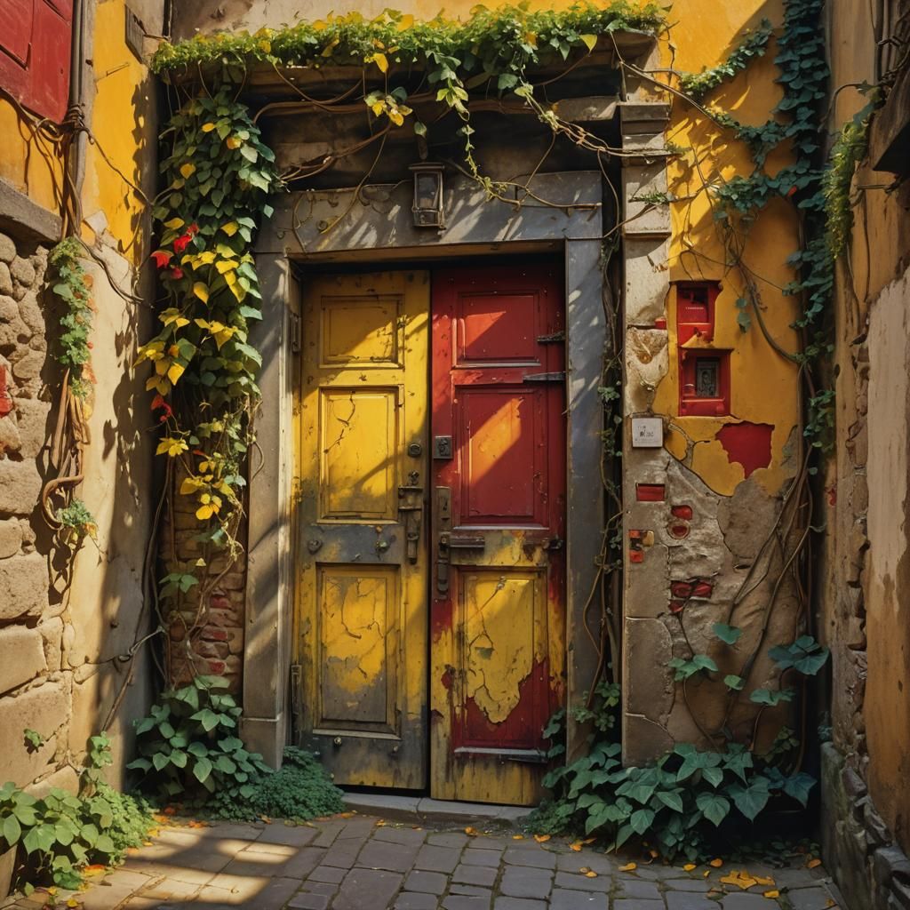 Surrealist Door in Alleyway: Oil Painting in Triadic Colors