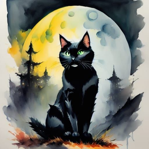 Mischievous Black Cat in Witch Hat on Jack-o'-Lantern