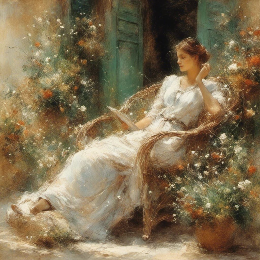 Woman Relaxing on Patio in Whimsical Style