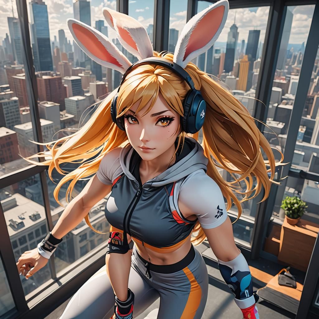 Anime Bunny Girl in Fitness Studio, 3D Render