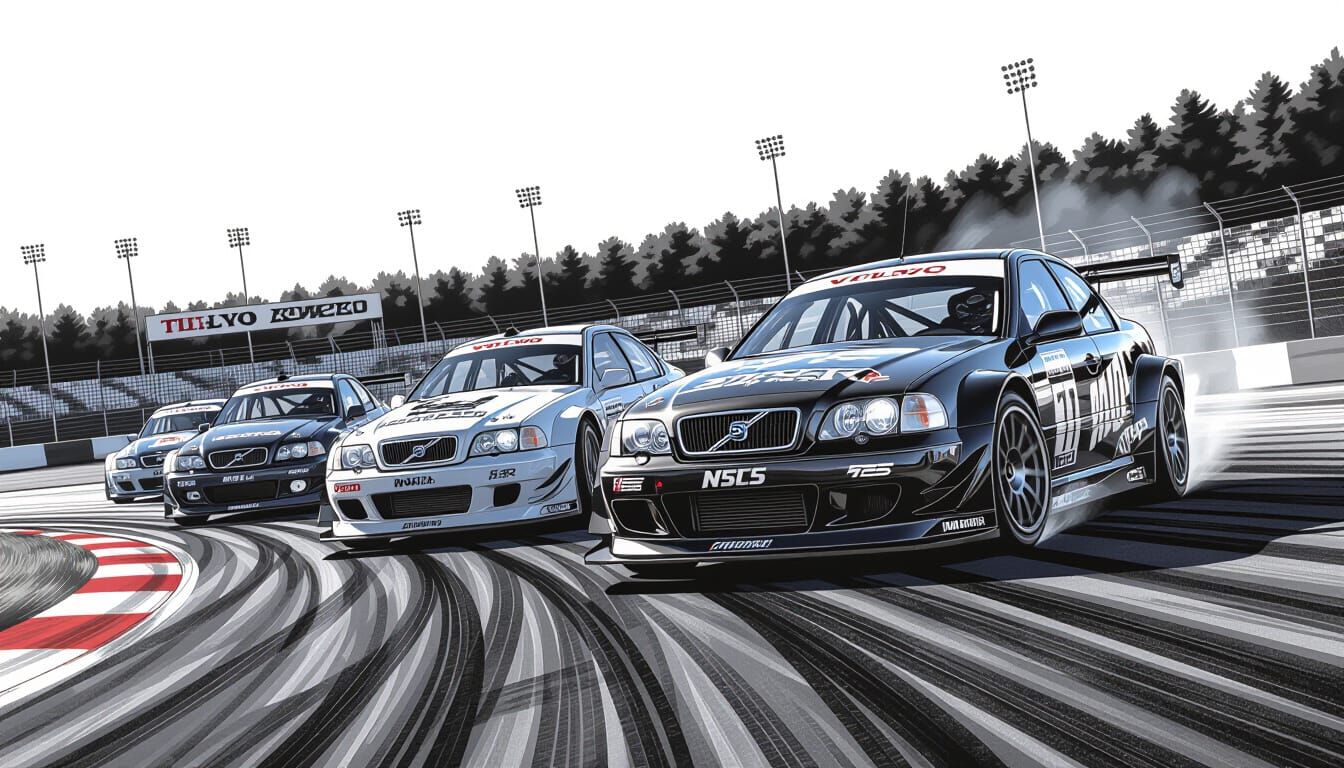 Hyper-Realistic Volvo 850 Race Cars on Track in Charcoal Sty...